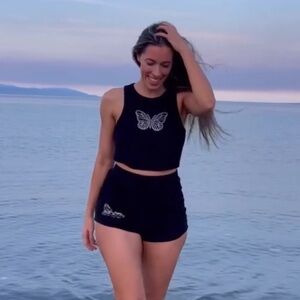 NWT French Terry Black Butterfly Embellished Crystal short Set